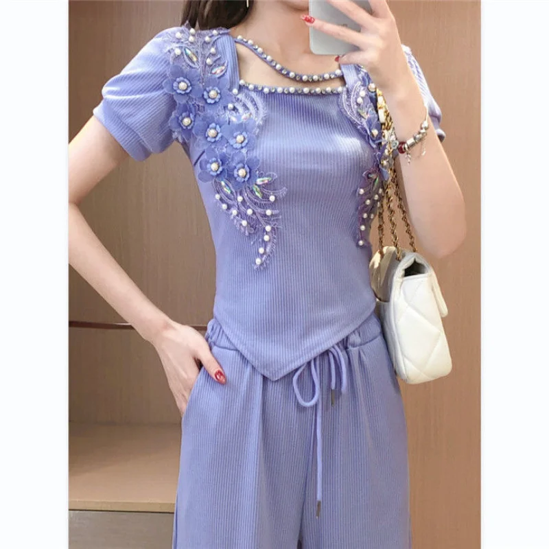 

2023 Summer Clothing 2 Pieces Set Knitted Short Sleeve Pullovers Sweater Sets Casual Fashion Women Tops and Pants Suits Q36