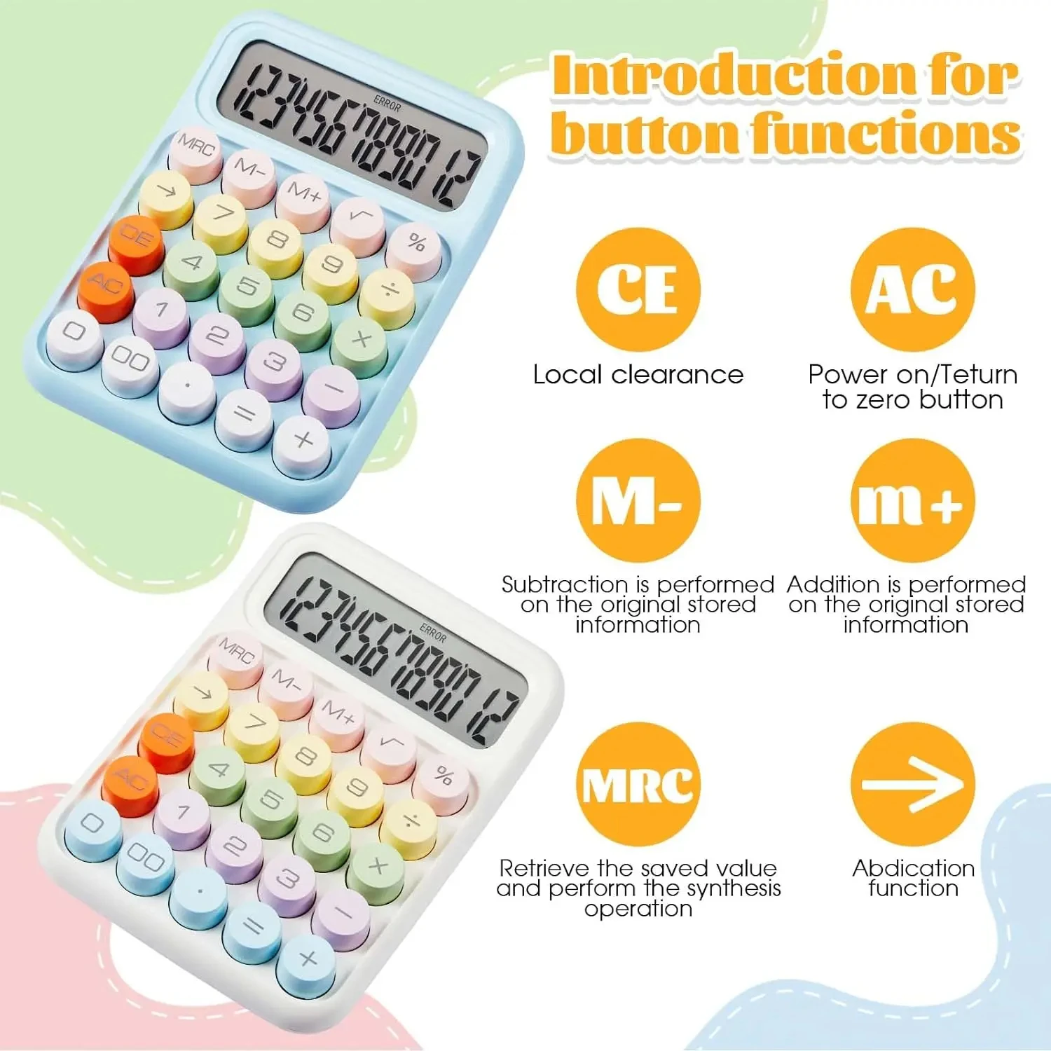 Colorful 12-Digit Mechanical Office Calculator - Cute Candy Design