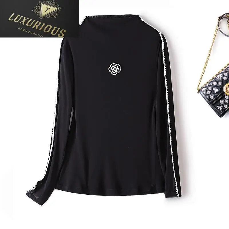 

Mesh Bottoming Long Sleeve Tees 2024 Autumn Winter Double Layer Lace Hollow Half-high Collar Thread Contrasting Slim T-shirts