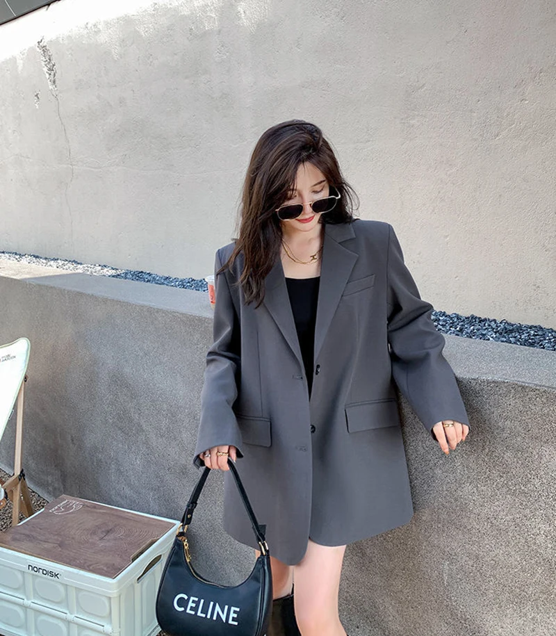 Zoki Back Slit Design Blazer Coats Women Casual Fashion Loose Korean Jackets Streetwear Chic Long Sleeve All Match New Suit Tops