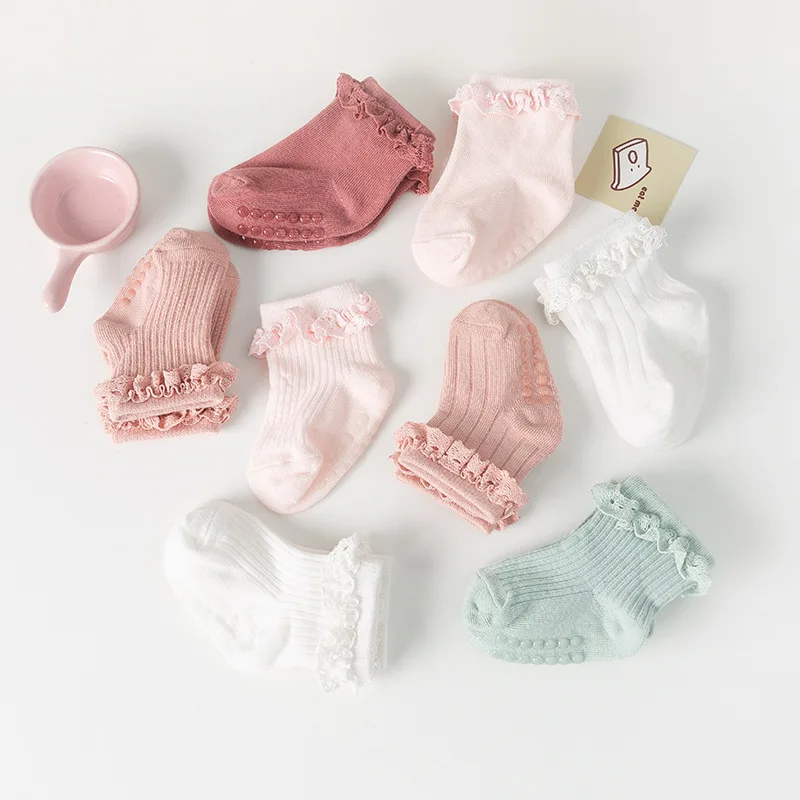 4 Pairs Of Cute Princess Socks For Baby Toddlers-Non-Slip, Lace Ruffled & Plain Colors for Baby 0-3 Years