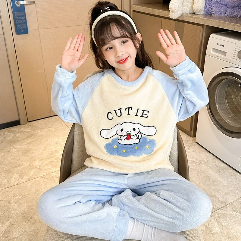 

Sanrio Winter Flannel Children Pajamas Set Anime Cinnamoroll Kuromi Melody Pochacco Cute Boy Girl Warm Sleepwear Kids Homewear