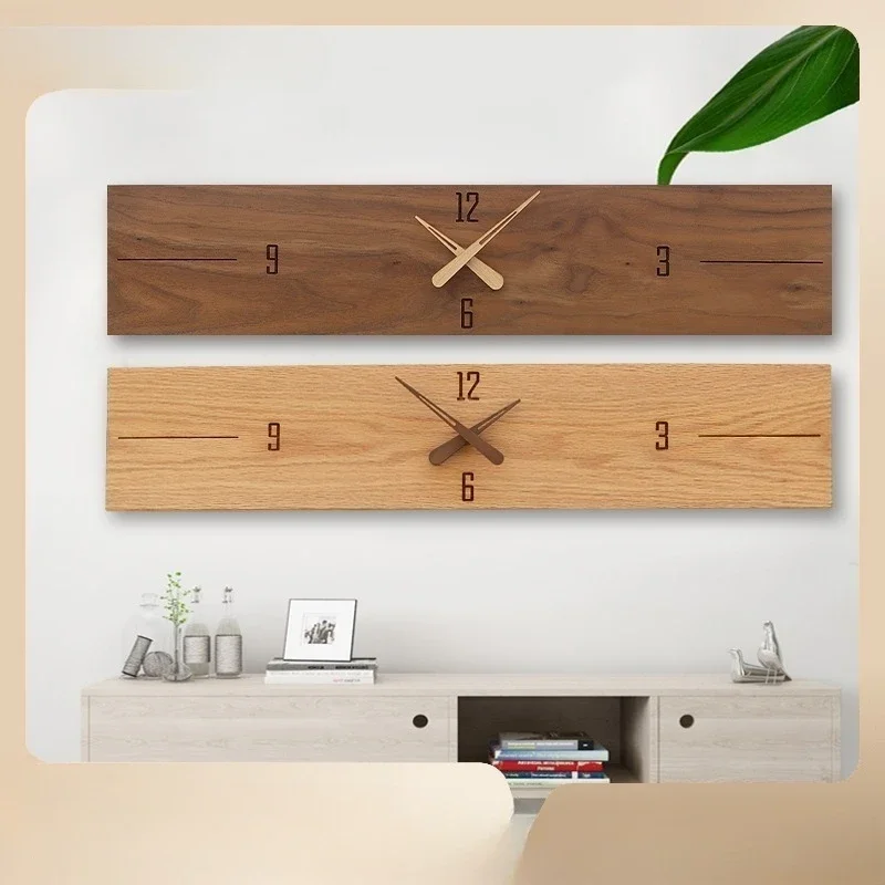

Walnut solid wood rectangular hanging clock Nordic minimalist modern horizontal silent clock Living room bedroom decorative