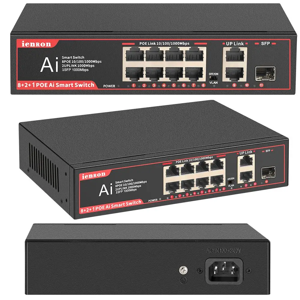 

Полный POE гигабитный коммутатор 52 в 8 портов POE + 2 канала + 1 SFP сетевой коммутатор 1000 Мбит/с AI smart Ethernet коммутатор для ip-камеры/Wifi Route