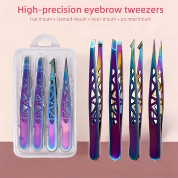 Color Titanium 4-Piece Set: High-Precision Stainless Steel Openwork Tower-Style Tweezers, Hair Tweezers, and Eyebrow Tweezers 1
