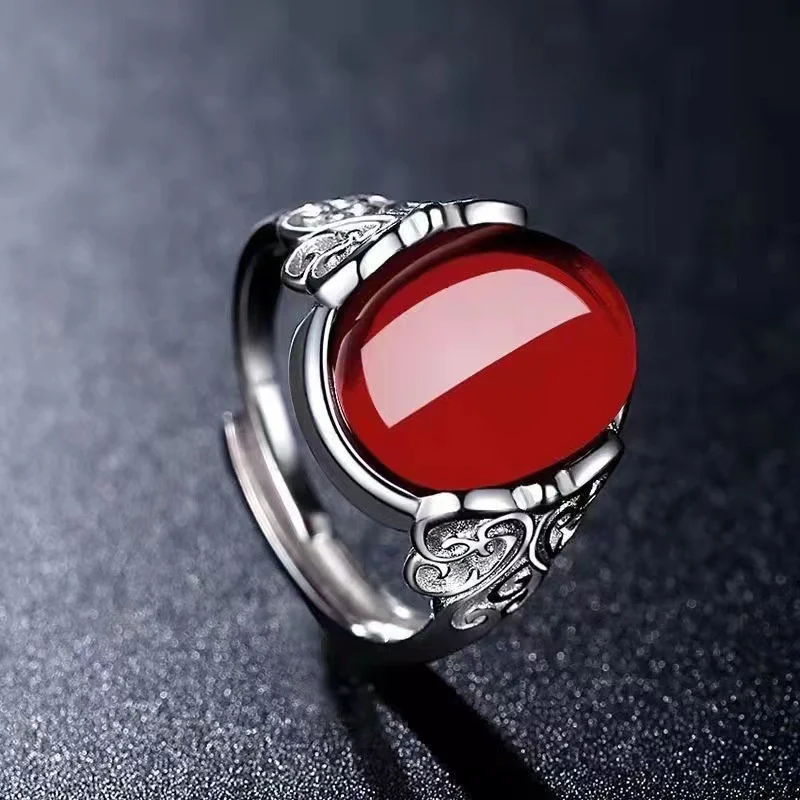 Crystal Rings Stone Rings Fashion Rings Fashion Ring Finger Rings Metal Rings Wu's Red Agate Chalcedony Ancient Silver Color Open Ring Female Crown Rhinestone Ring Hollow Butterfly Adjustable