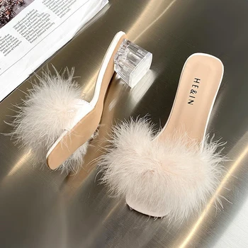 Fashion Slippers Women's Summer New Open Toe Plush Fox Fur Chunky with Flip Flops Sexy Home Banquet Square Toe Simple Pumps