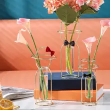 Luxury Tabletop Ornament Iron Art Home Decoration Glass Vase Flower Arrangement Plant Flower Pot Hydroponic Flower Vase