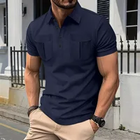 2025 Men's simple new long front button lapel double pocket leisure sports solid color short sleeve fashion comfortable POLO shi 1
