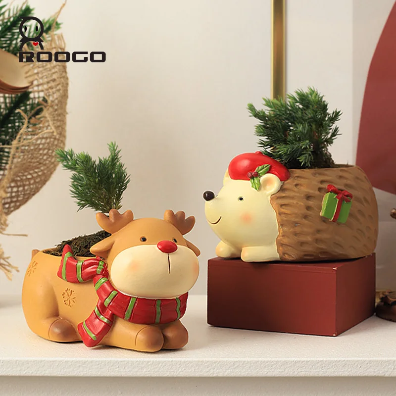 

Roogo Hot Creative Cartoon Flower Elk Cat Corgi Cute Resin Figurine vase Succulent Pot Christmas for Desk Garden Balcony pot