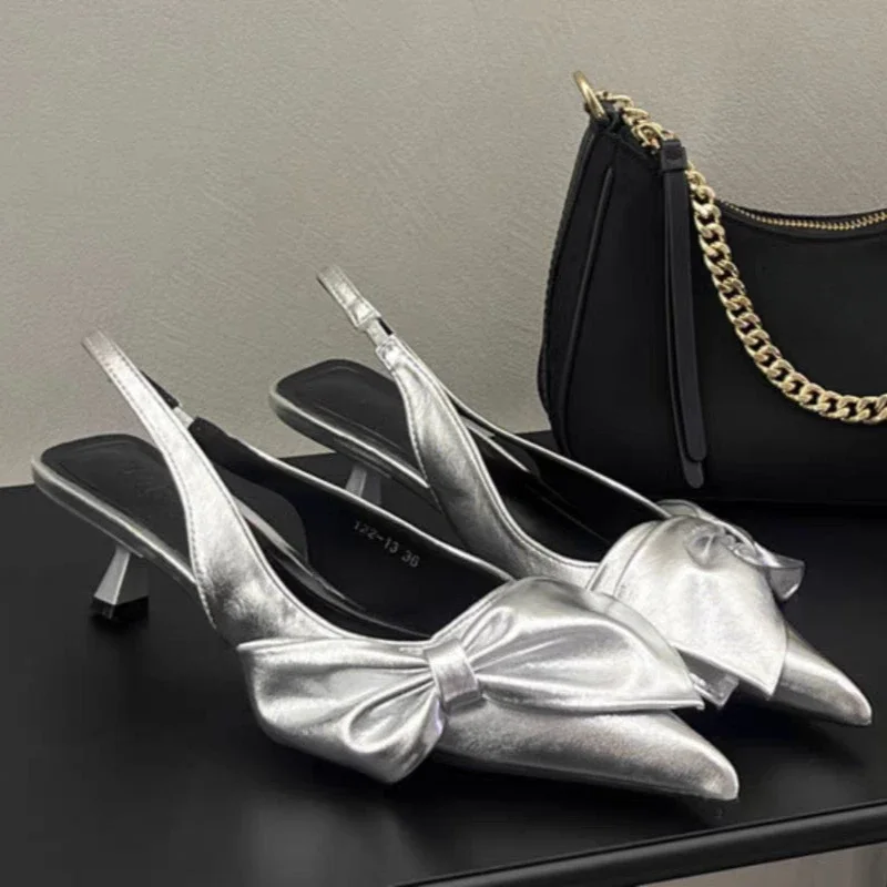 Summer Elegant Silver Side Bowknot Slingback Sandals Woman Chic Point Toe Kitten Heel Stiletto Pumps Ladies Party Dress Shoes
