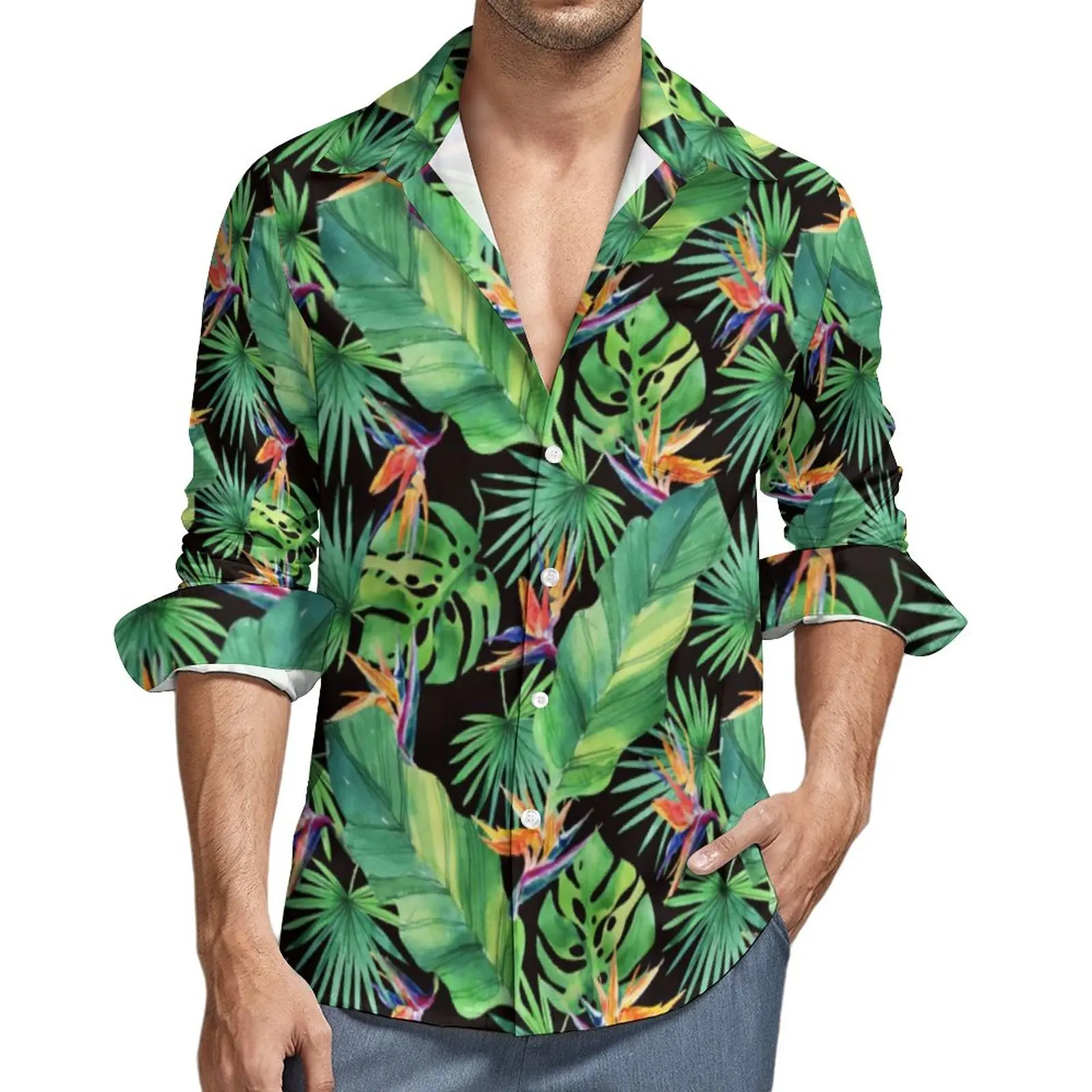 

Jungle Tropical Print Shirt Bird of Paradise Casual Shirts Long Sleeve Printed Aesthetic Blouses Spring Fashion Oversized Top