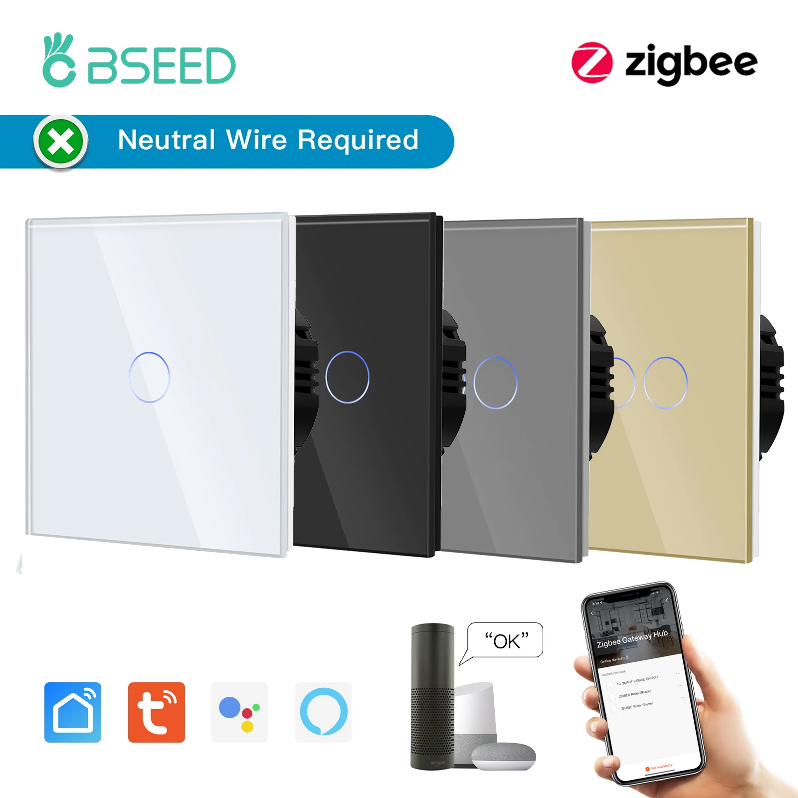 BSEED Zigbee 1/2/3Gang Touch สวิทช์สมาร์ทสวิทช์ไฟผนัง Tuya Google Smart Life Alexa App ควบคุมแผงกระจกไม่มี Neutral 1