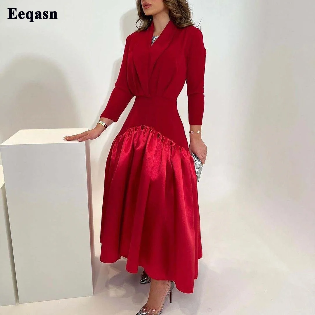 

Red V-Neck Short Prom Dresses Saudi Arabic Simple 3/4 Sleeves Women Fashion Wear Outfits A Line Satin Short Formal Evening Gowns