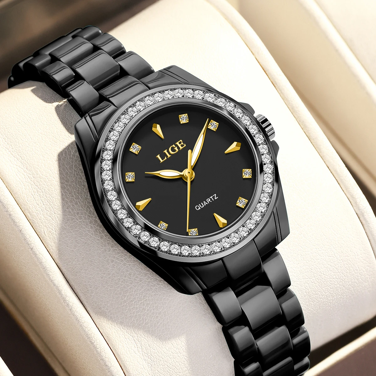 Elegant Ceramic Women's Quartz Watch - Fashionable Waterproof Luminous Timepiece with Gift Box