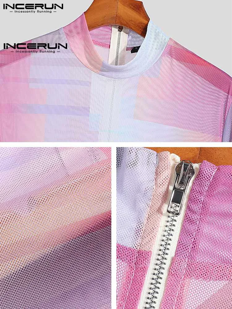 INCERUN American Style Men's Fashion Colorful Turtleneck Mesh Bodysuit Sexy Leisure Male Zipper Long-sleeved Jumpsuit S-5XL