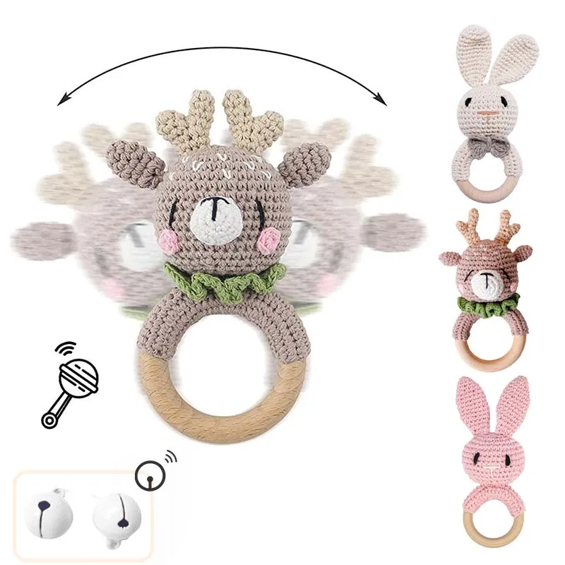 

1pc Baby Teether Music Rattles for Kids Animal Crochet Rattle Elephant Giraffe Ring Wooden Babies Gym Montessori Children's Toys