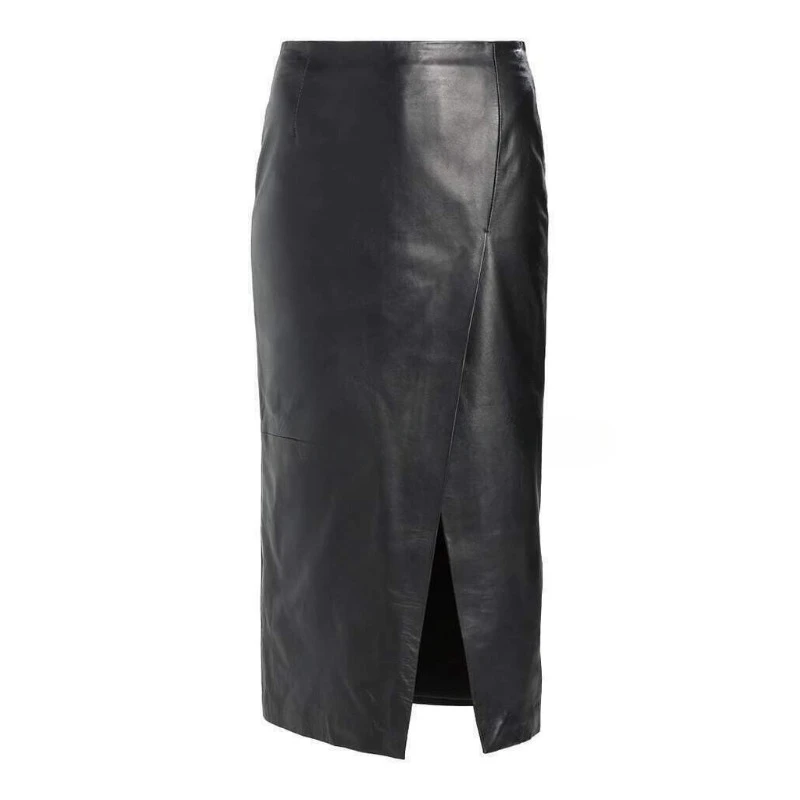 NEW Women Authentic Lambskin 100% Leather Skirt Black Below Knee Slit Skirt vans comfycush authentic