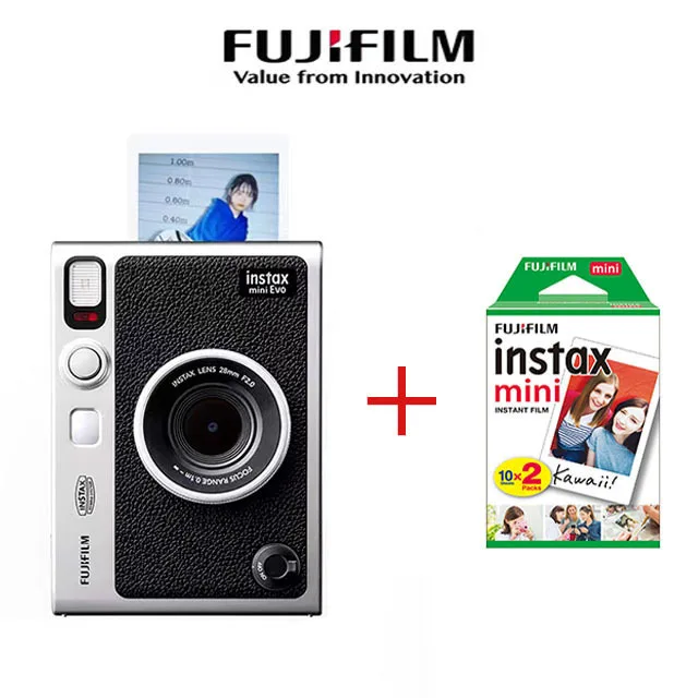 Genuine Fujifilm Instant Mini Evo Classic Camera Black Bare Metal Set Opzionale + 20 Fogli Fujifilm Instax Mini Film Photo Paper