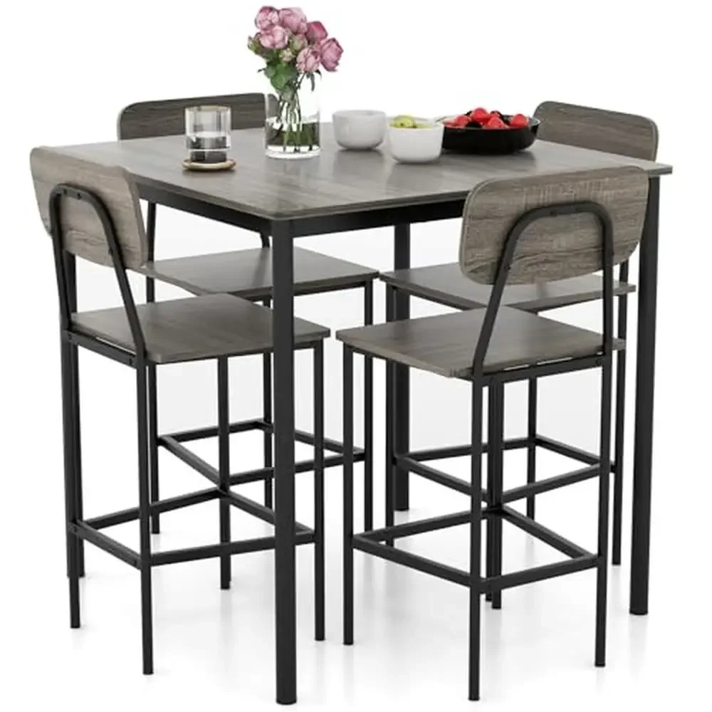 Bar Table Chair Modern 5-Piece Counter Height Dining Table Set Sturdy MDF & Steel Construction Space-Saving Design Ergonomic Backrest & Footrest