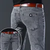Men's Fashion Letters Denim Pants Slim Straight Gentleman Slacks Fashion European American Style Stretch Men Luxury Jeans Grey