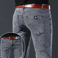 Men's Fashion Letters Denim Pants Slim Straight Gentleman Slacks Fashion European American Style Stretch Men Luxury Jeans Grey