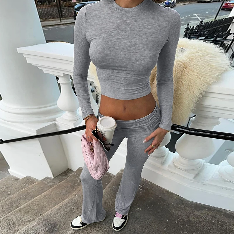 Rockmore Casual Minimalist Solid Women's Long Sleeve Crew Neck T Shirts Low Waist Pants Sets Comfy Breathable Two Piece Outfits 4