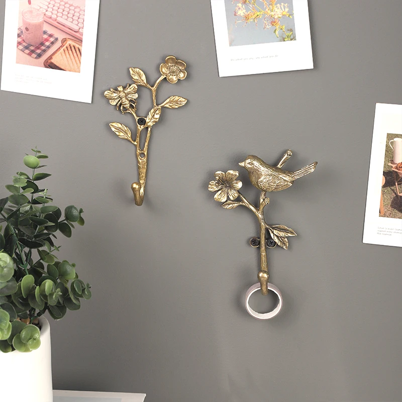 Alloy Decorative Hook 2pcs Retro Hook Set Golden Wall Coat Racks Flowers Bird Hanger Room Decoration Accessories Key Holder 3