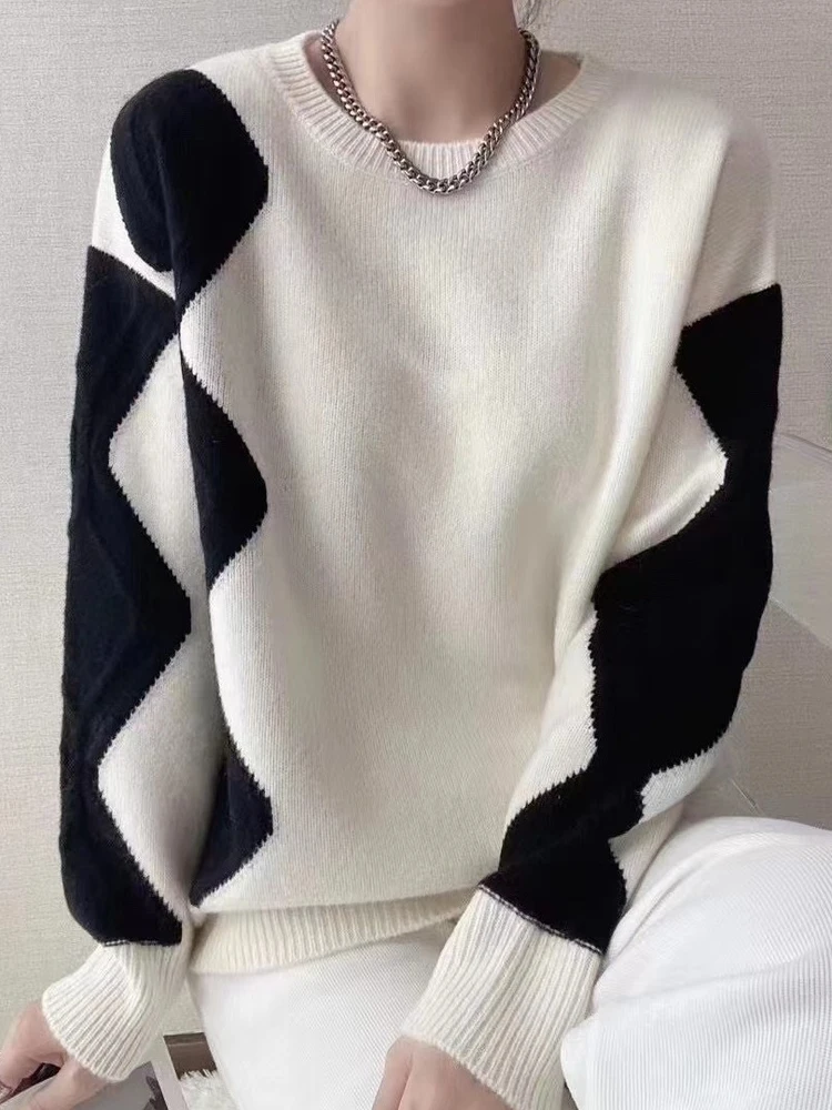 

Sweater Women Winter Pullover Girls Sweater Knitting Tops Vintage Long Sleeve Fall Elegant Female Knitted Outerwear Warm Rhombus