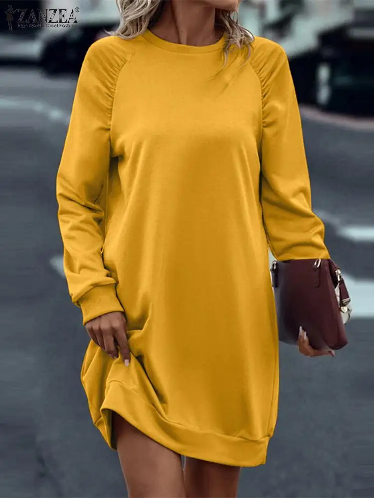 

ZANZEA 2023 Autumn Sweatshirt Dress Crewneck Kaftan Robe Women Casual Long Pullover Mini Dresses Loose Long Sleeve Tunic Vestido