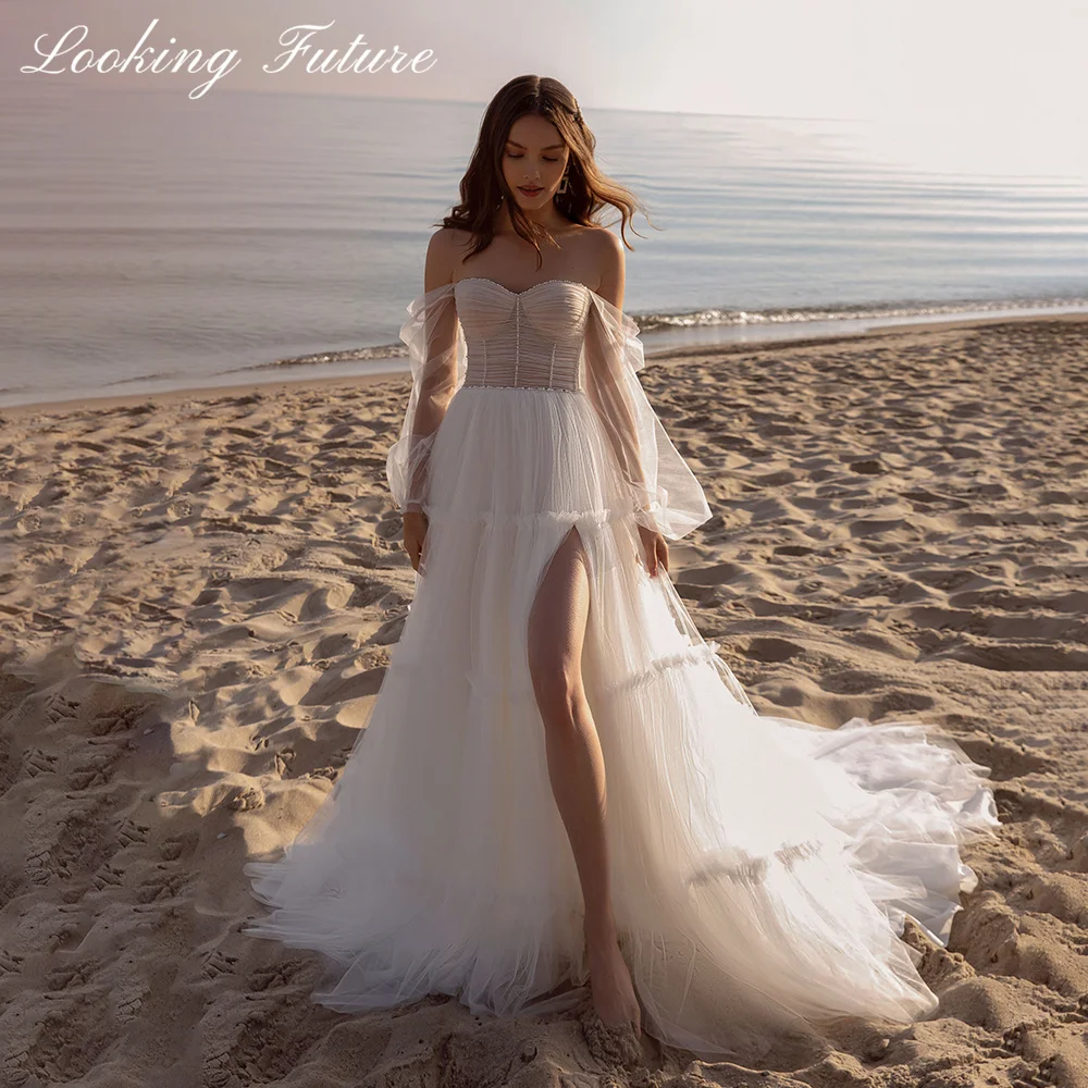 

Pleated Tulle High Split Wedding Dress Tiered Off The Shoulder Beading Custom Made Long Puffy Sleeves Sweetheart Bridal Gowns