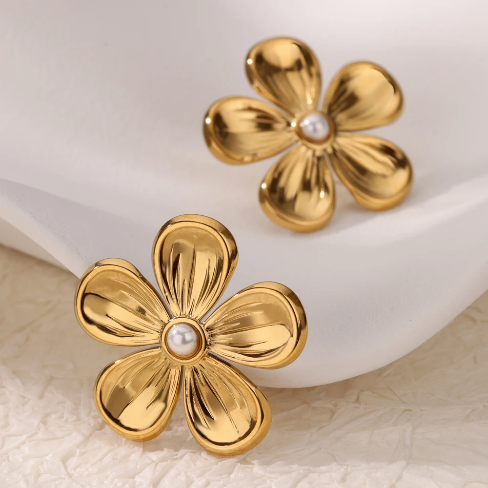 Fashion Pearl Flower Earrings Gold Stainless Steel Geometric