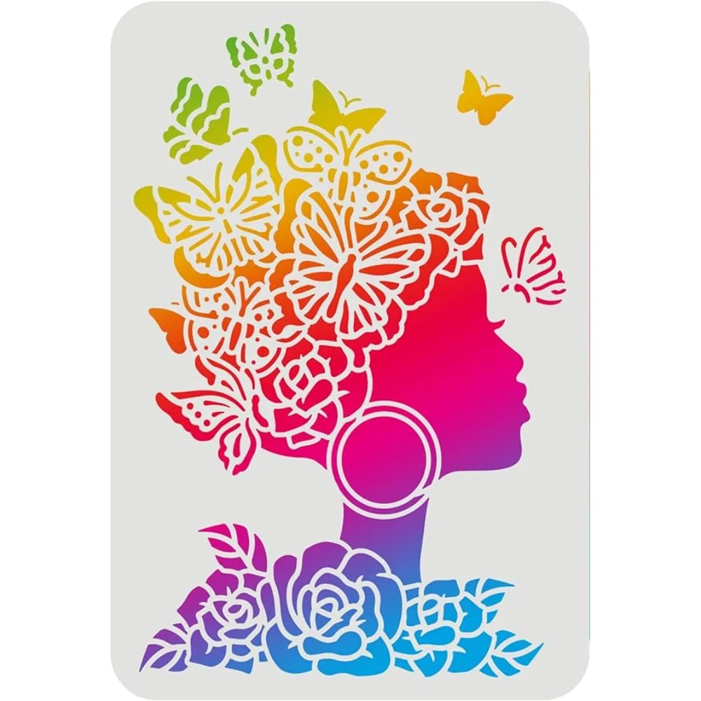16 Stencil Riutilizzabili In PET: Volti Di Donna Floreali E Frasi Ispiratrici - Per Decorazione Pareti, Legno, Tela E Fai Da Te