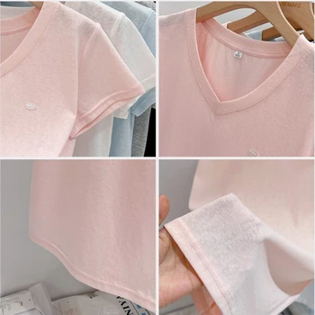 عالية الجودة بلون الخامس الرقبة تي شيرتات قصيرة الاكمام المرأة الصيف 2025 عادية فضفاضة تناسب تنوعا القمم Harajuku الشارع الشهير 6