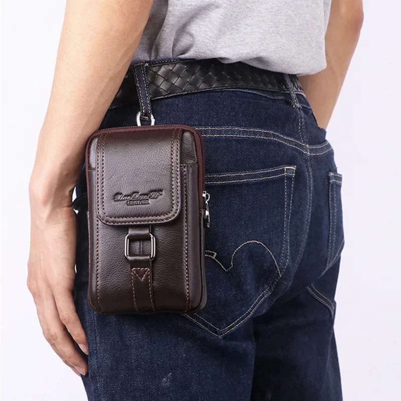 Men Genuine Leather  Cell/Mobile Phone Case Cross body Waist Pack Hip Bum Bags Fashion Casual Male Belt Hook Messenger Bag