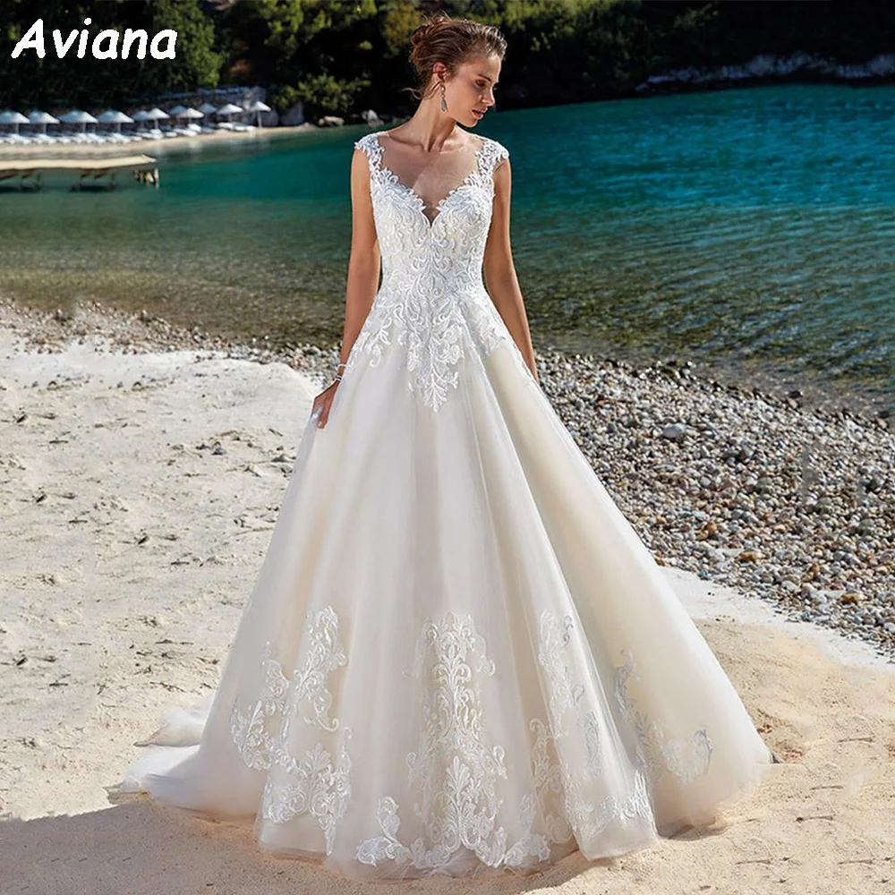 

Aviana Sleeveless Lace Appliques Illusion A-Line Wedding Dress Buttons Back Bridal Gown Elegant V-Neck Vestido De Novia 2023