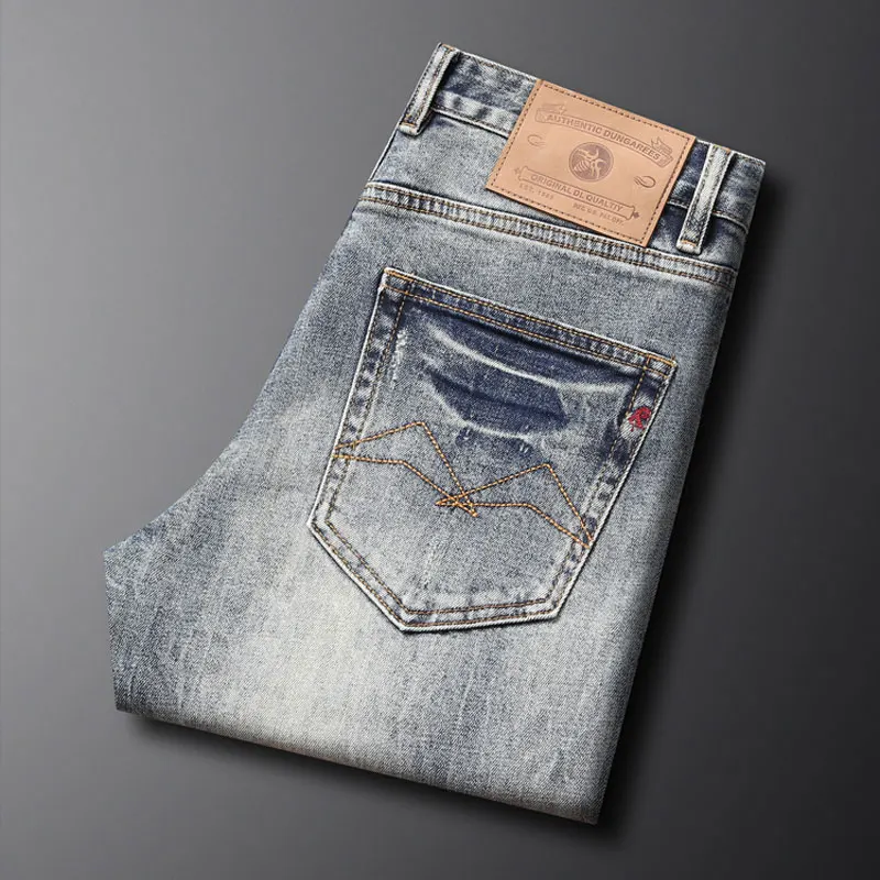 Newly Designer Fashion Men Jeans Retro Washed Blue Stretch Slim Fit Ripped Jeans Men High Quality Vintage Denim Pants Hombre