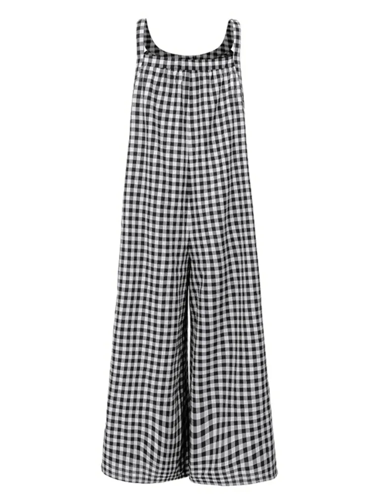 Celmia Harajuku Jumpsuits Women Vintage Plaid Rompers 2023 Fashion Wide Leg Pants Overalls Sleeveless Casual Loose Jumpsuits