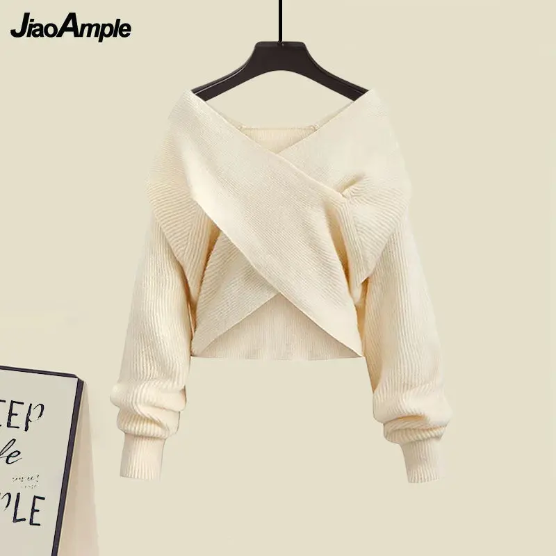 2023 Autumn/Winter New Korean Elegant Matching Set Women's Fashion Cross Knit Sweater+Bottom Shirt+Strap Dress Three Piece Suit 6