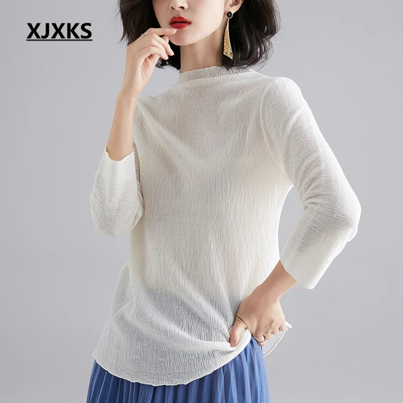 

XJXKS 2022 Autumn Winter New Women's Bottoming Sweater Solid Color All-match Half Turtleneck Pullover 100% Wool Knitted Jumper