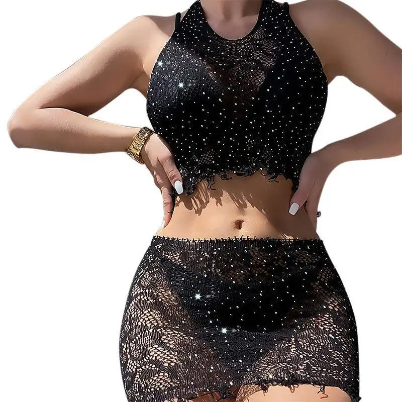 

2023 Fashion New Women's Two-piece Beachwear Split Sexy Flash Mesh Backless Swimwear Solid Color Summer Bathing Suit