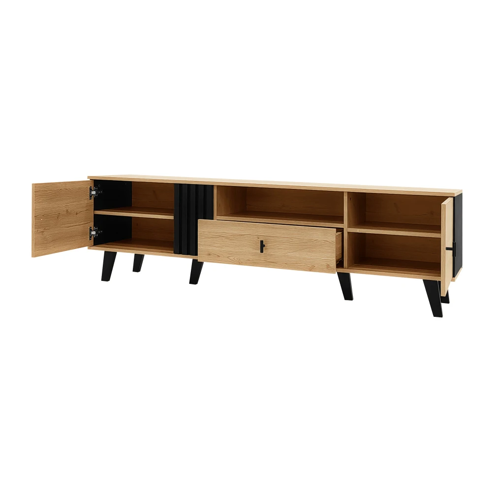 PINGGO 170cm TV-Ständer Holz Schwarz Design Lowboard mit Schubladen Einzigartiger Moderner Aufbewahrungsschrank Stilvolles Wohnzimmermöbel – Detail 10