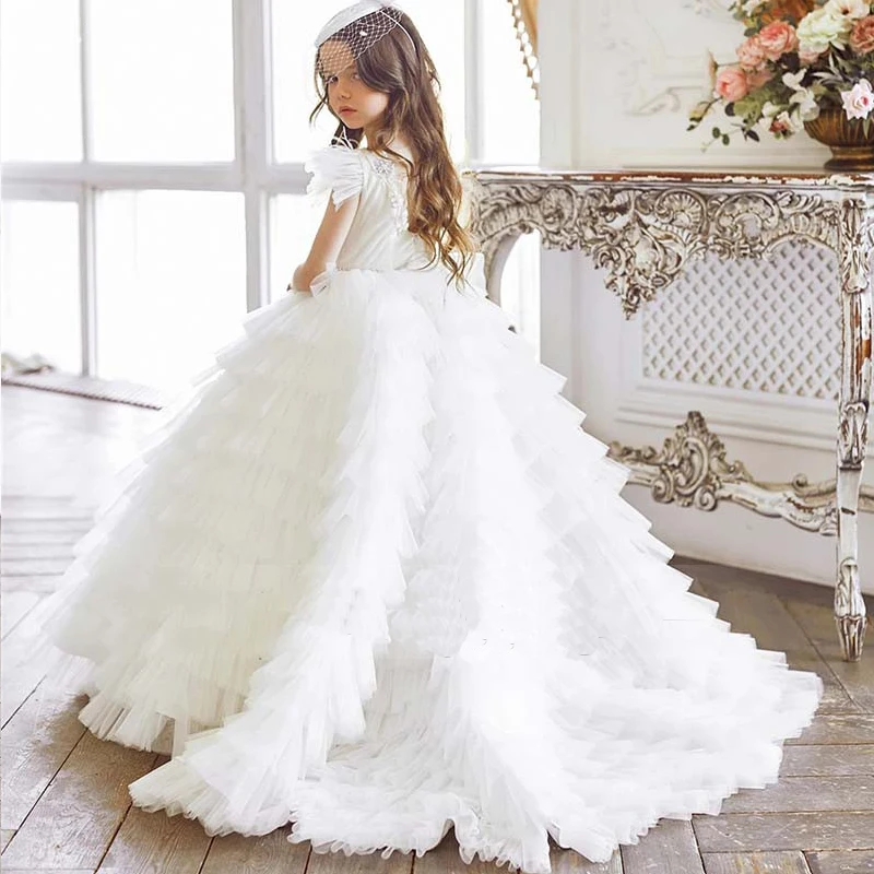 

Princess Flower Girl Dresses For Wedding Ruffles Tiered Tulle Princess Pageant Gowns Children First Communion Dress