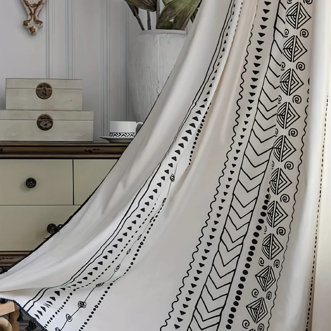 Black tassel curtains, semi shading geometric farmhouse, Bohemian style cotton and linen dimming curtains 1PC 2