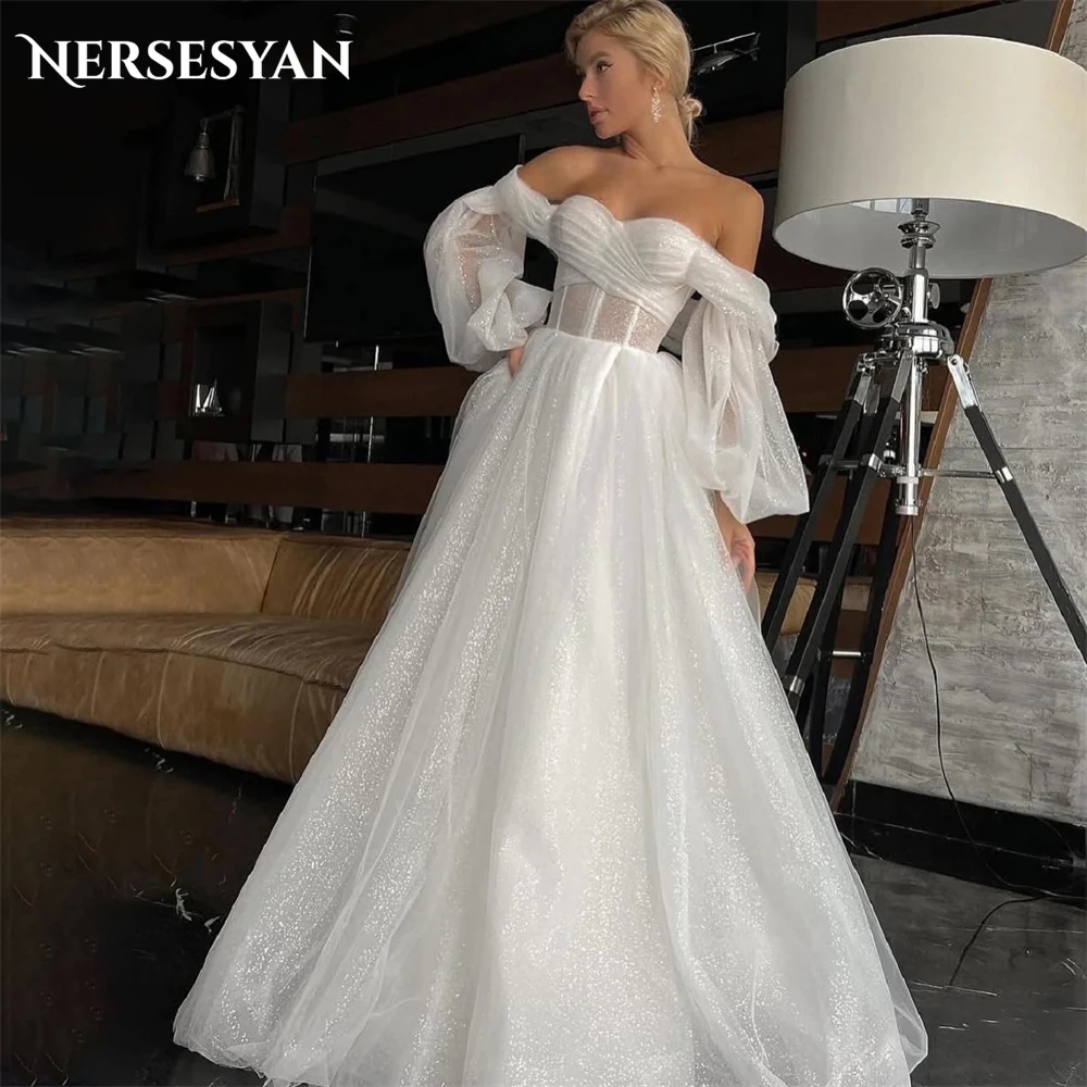 

Nersesyan Glitter Elegant Wedding Dresses Pleats Off Shoulder Puff Sleeves Sparkly Bridal Gowns Backless Princess Bride Dress