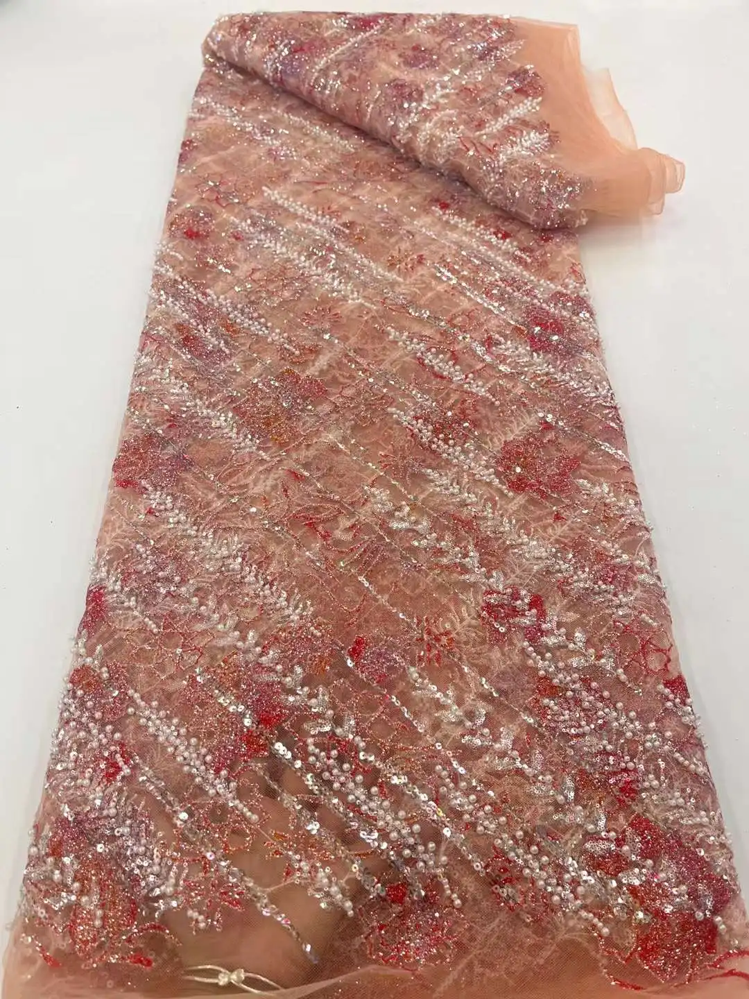 

2023 African Sequins Lace Fabric Luxury French Nigerian Beaded Mesh Lace Fabric High Quality Wedding Dress XC