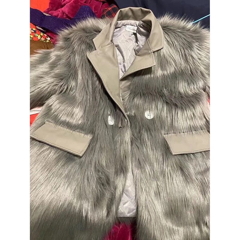 Winter Coat Women Korean Style Leather Patchwork Faux Fox  Fur Jacket Thick Office Lady V-Neck Midi-Length Fluffy Outwear Loose