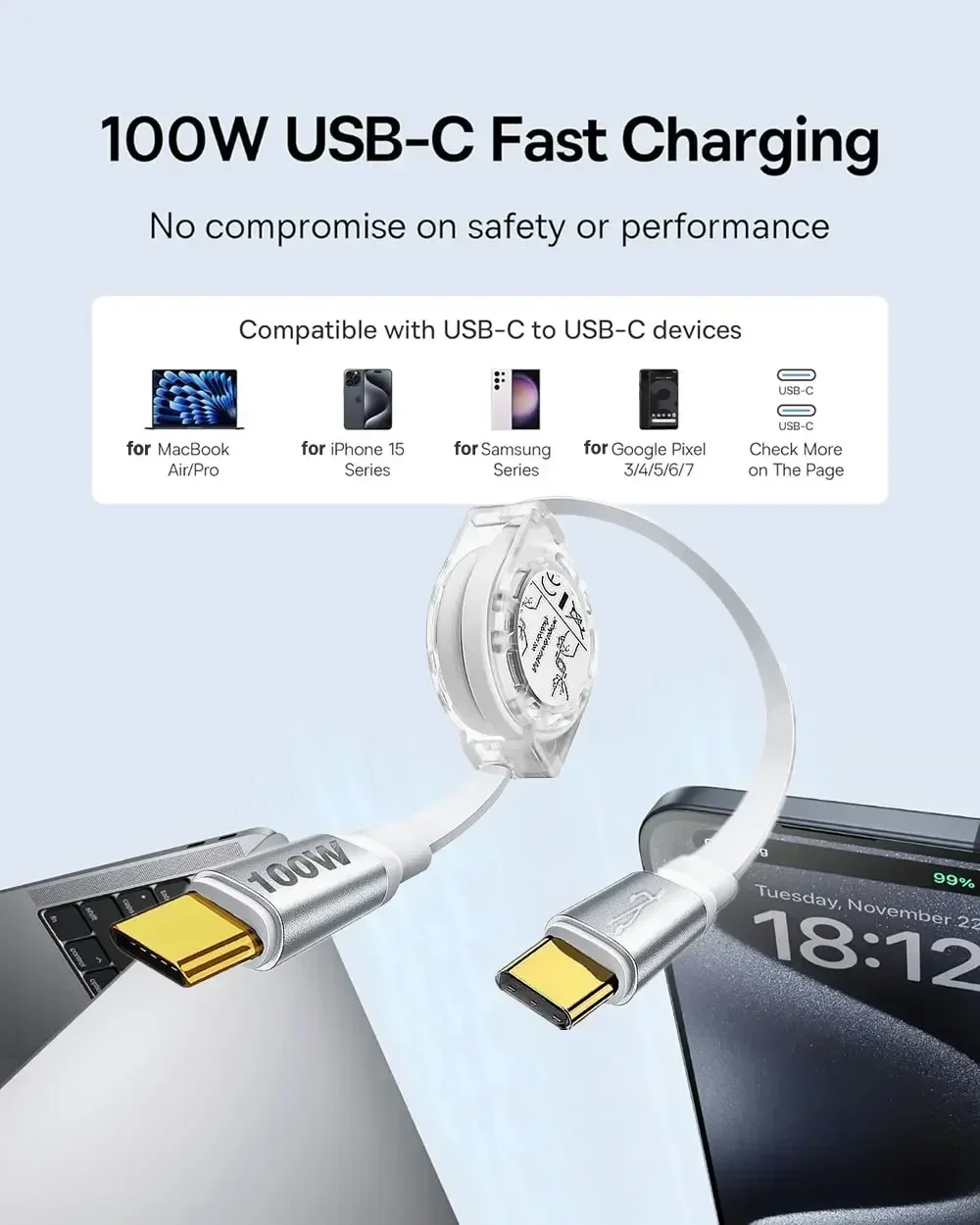 PD 100 W USB C einziehbares Datenkabel, für iPhone 15 Pro Max für MacBook Samsung Schnellladekabel für iPad Typ C Laptop-Schalter – Detail 2