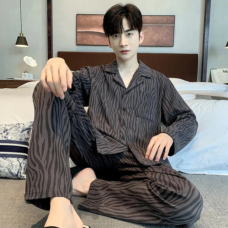 Spring Autumn Men's Pure Cotton Pajamas Long Sleeve Cardigan Pants Oversized Comfortable Casual Home Clothing Set