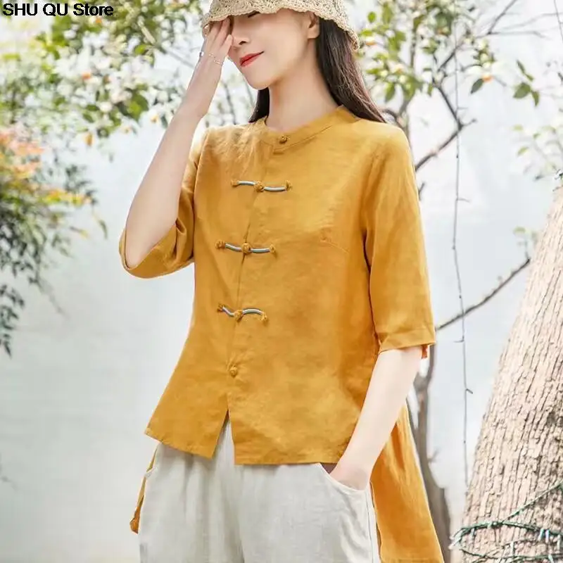 Chinese Style Embroidered Short Sleeve T Shirt Womens Cotton Stand Collar Tea Clothing Vintage Casual Shirts Women Hanfu Tops
